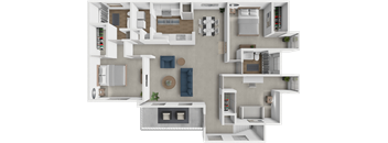 A 3D floor plan of a house with various rooms and furniture.