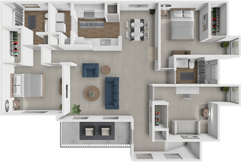 A 3D floor plan of a house with various rooms and furniture.