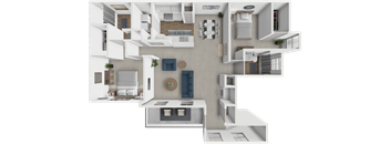 A 3D rendered image of a modern apartment layout.