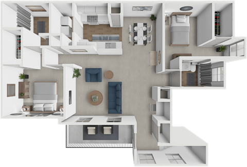 A 3D rendered image of a modern apartment layout.