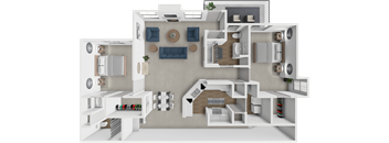 A 3D floor plan of a house with multiple rooms and furniture.