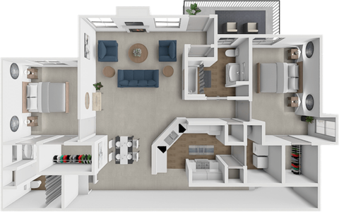 A 3D floor plan of a house with multiple rooms and furniture.