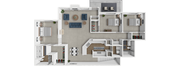 A 3D floor plan of a house with multiple rooms and furniture.