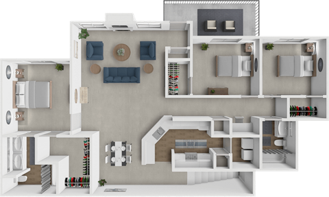 A 3D floor plan of a house with multiple rooms and furniture.