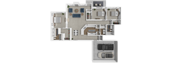 A top-down view of a house layout with a garage and multiple rooms.