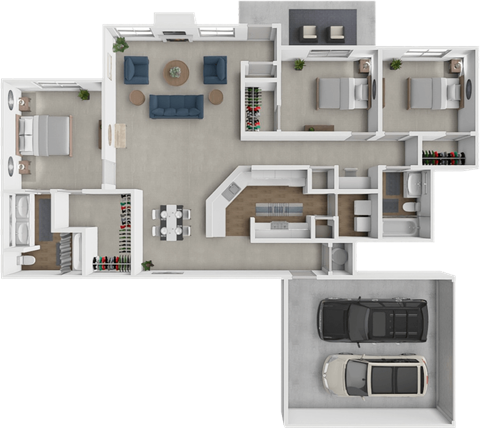 A top-down view of a house layout with a garage and multiple rooms.