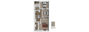 Breckenridge Apartments 3D floor plan of 2 bedroom 1 bath apartment