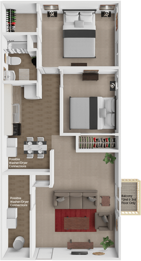 2 bed 1 bath floor plan at Breckenridge Apartments