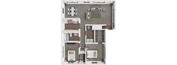 A top-down view of a house layout with a living room, dining area, kitchen, and bedrooms.