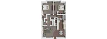 A top-down view of a house layout with a living room, dining room, kitchen, and two bedrooms.