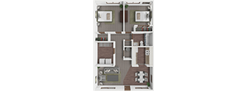 A top-down view of a house layout with a living room, dining room, kitchen, and bathrooms.