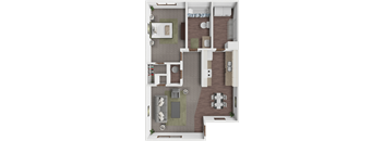 A floor plan of a house with a kitchen, living room, dining room, and two bedrooms.