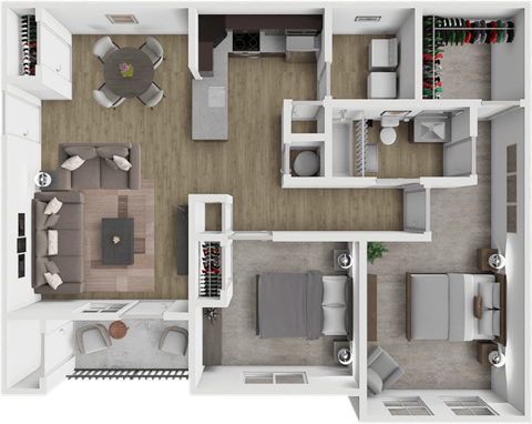 A 3D floor plan of a house showing a living room, kitchen, and bathroom.