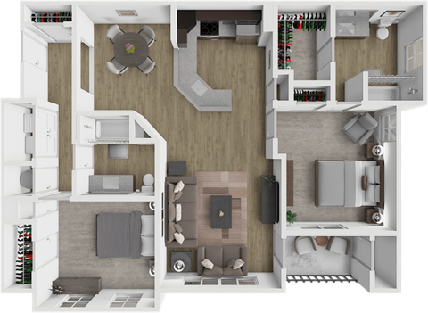 A 3D floor plan of a house showing a kitchen, living room, and two bedrooms.