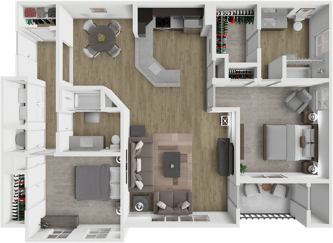 A 3D floor plan of a house showing a kitchen, living room, and bathroom.