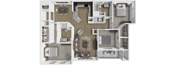 A 3D rendered image of a house layout.