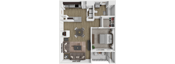 A top-down view of a modern apartment layout with a kitchen, living room, and bedroom.