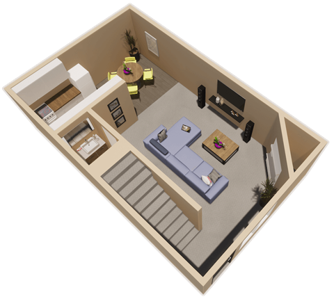 downstairs 1 bed 1 and half bath floor plan at fairfield apartments