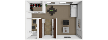 A modern kitchen with brown walls and white appliances.
