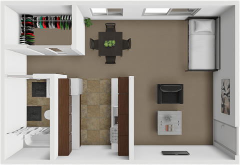 A modern kitchen with brown walls and white appliances.