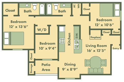 three bedroom apartment floor plan