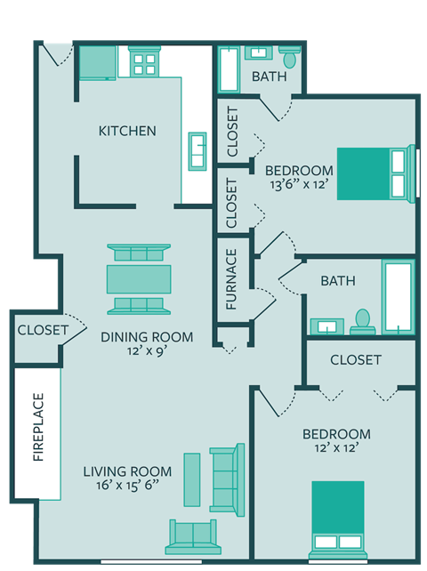 two bedroom two bathroom floor plan at forest park apartments