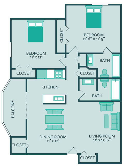 two bedroom two bathroom floorplan at forest park apartments