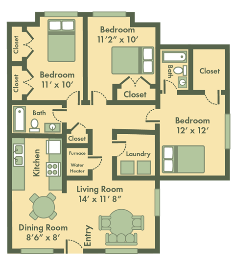 Manhattan 3 bedroom floor plan at Brookfield Apartments