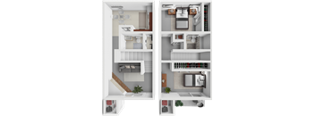 a 3d rendering of a 1 bedroom apartment with a balcony and a living room