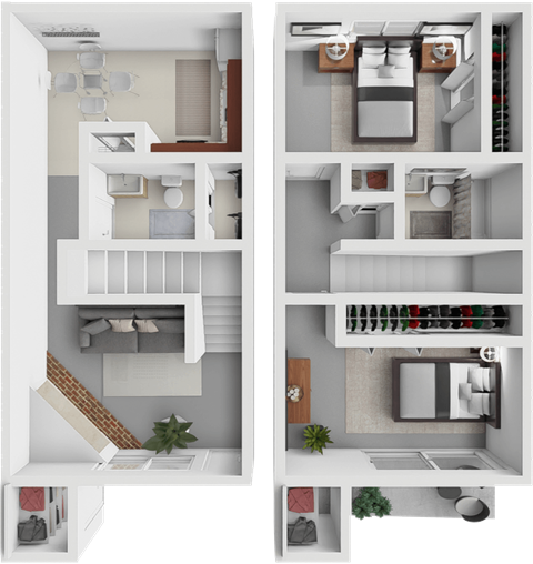 a 3d rendering of a 1 bedroom apartment with a balcony and a living room