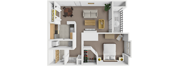 A 3D rendered image of a modern apartment layout.