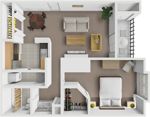 A 3D rendered image of a modern apartment layout.