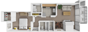 A 3D rendered image of a modern apartment layout.