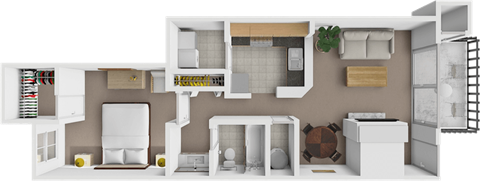 A 3D rendered image of a modern apartment layout.