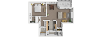 A 3D floor plan of a small apartment with a bedroom, living room, and kitchen.