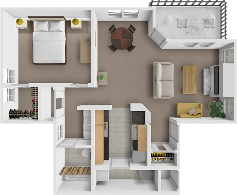 A 3D floor plan of a small apartment with a bedroom, living room, and kitchen.
