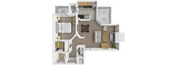 A top-down view of a modern apartment layout with a kitchen, living room, and dining area.