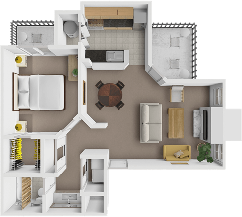 A top-down view of a modern apartment layout with a kitchen, living room, and dining area.