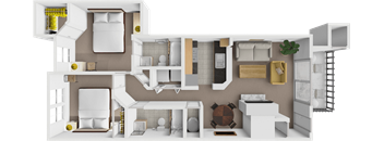 A 3D floor plan of a house showing a kitchen, living room, and two bedrooms.