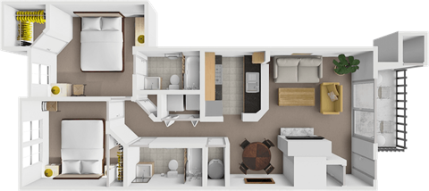 A 3D floor plan of a house showing a kitchen, living room, and two bedrooms.