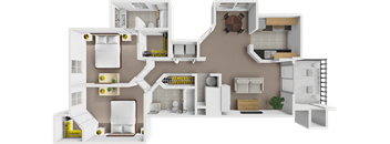 A 3D rendered image of a house layout with various rooms and furniture.