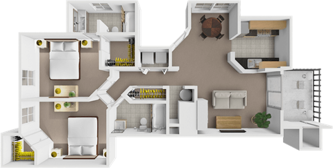 A 3D rendered image of a house layout with various rooms and furniture.