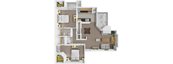 A 3D floor plan of a house with a kitchen, living room, and bathroom.