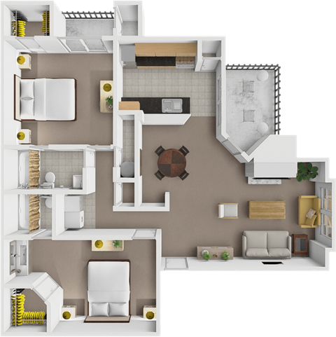 A 3D floor plan of a house with a kitchen, living room, and bathroom.