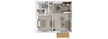 A 3D floor plan of a small apartment with a kitchen, living room, and bathroom.