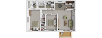 A 3D floor plan of a small apartment with a kitchen, living room, and bathroom.