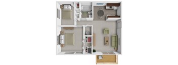 A top-down view of a small apartment with a kitchen, living room, and bedroom.