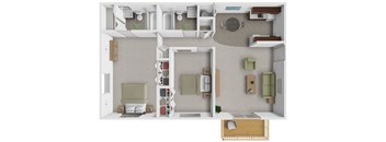 A 3D floor plan of a small apartment with a kitchen, living room, and bedroom.