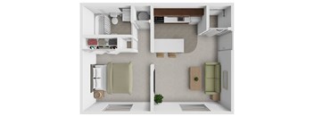 A top-down view of a modern kitchen and living room.