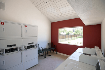 A room with red walls and a window showing a fence and trees outside.